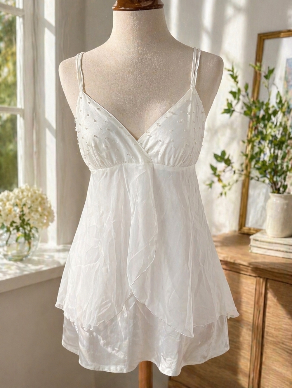 Victoria's Secret White Sheer Beaded Chiffon Chemise